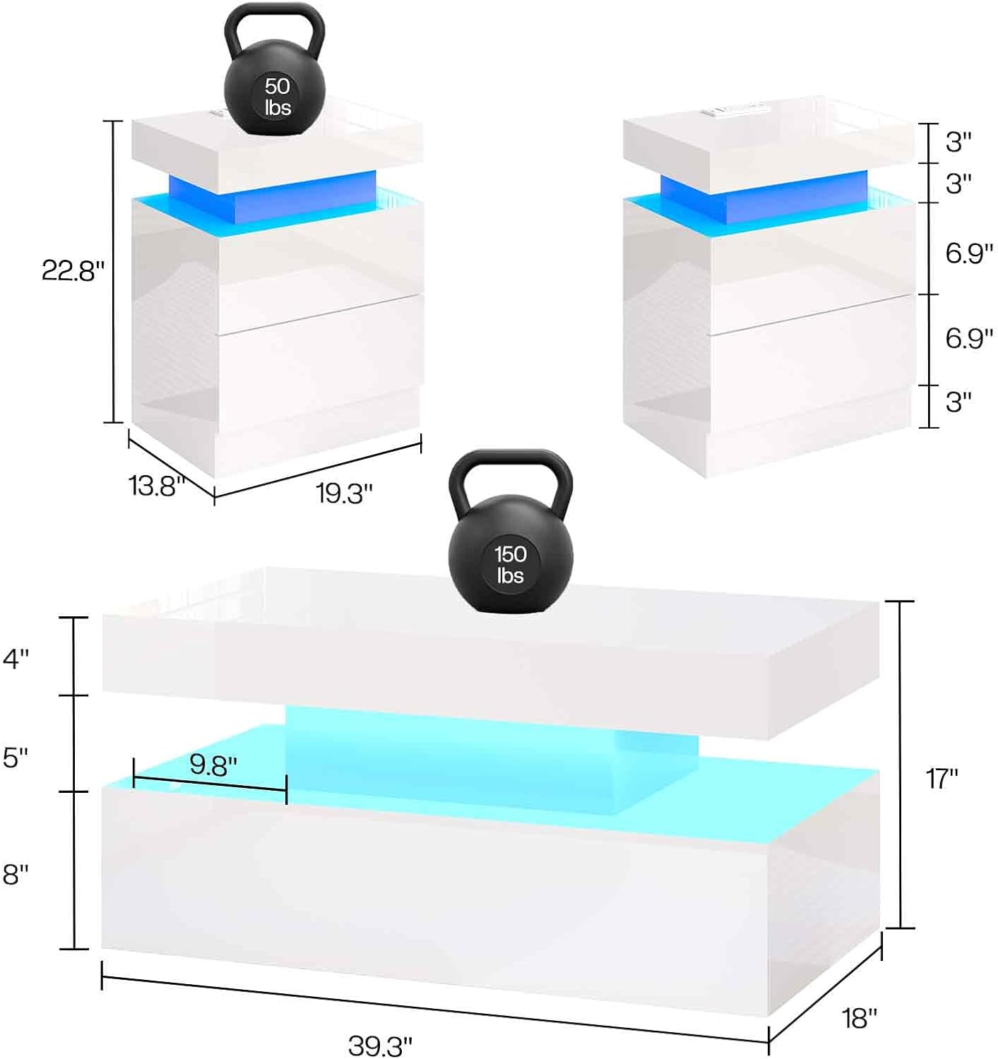 3 Pieces Living Room Table Set, Modern High Gloss Coffee Table Set with LED Light and Storage Space, 2 End Side Tables with Charging Station for Living Room, Office, White