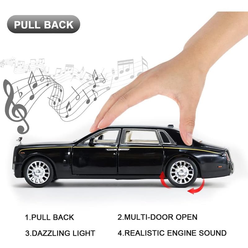 Image of PINQUE Kids Diecast Metal Car 1:32 R Royce Phantom, Silver, Pull Back, Openable Doors, Music Sound, Light, Boys 4+