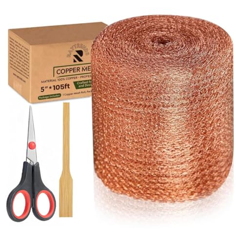 3rd Gen Copper Mesh Rodent Control Kit 5" x 105ft, 100% Premium Copper Wool for Sealing Holes & Water Gaps, Blocks Slugs, Snails, Mice & Pests – with Scissors & Packing Tool