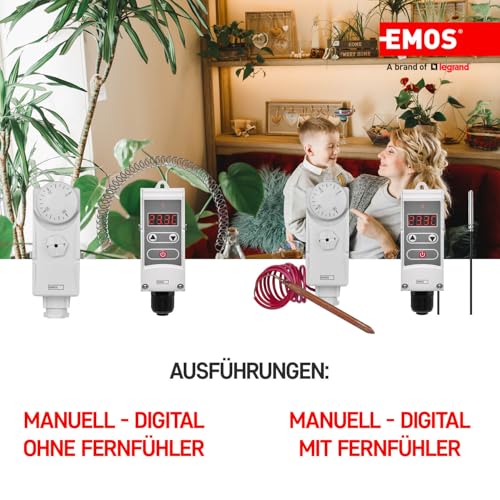 EMOS Anlegethermostat mit Drehknopf und Schraubenfeder, analoger Rohranlegethermostat für Heizung und Kühlung, Einstellbereich 0°C bis 90°C, 3,8 x 5,4 x 10,5 cm