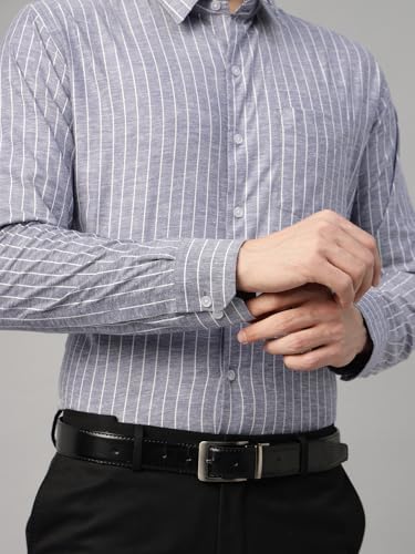 Image of Hancock Men Striped Hemp Blend Formal Shirt(9722Blue)