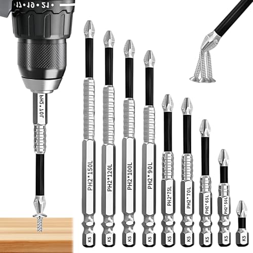 OLRWSLG 9 Pcs High Magnetic Screwdriver Drill Bits Set, 25-150mm Anti Slip Electric Screwdriver Strong Grip Professional Driver Compatible with Drills in 9 Sizes 25L 50L 65L 70L 75L 90L 100L 120L 150L