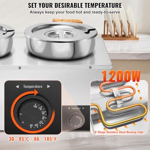 Image of VEVOR Electric Soup Warmer, Three 7.4QT Stainless Steel Round Pot 86~185F Adjustable Temp, 1200W Commercial Bain Marie with Anti-dry Burn and Reset Button, Soup Station for Restaurant, Buffet, Silver