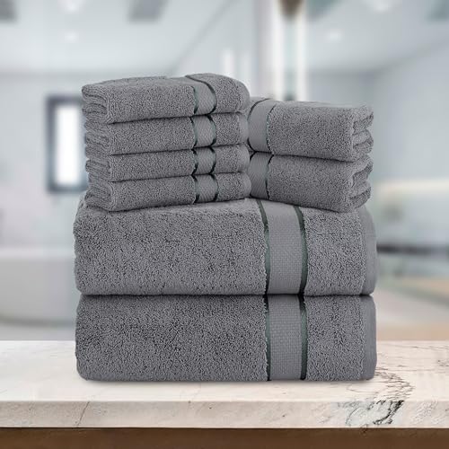 Image of Elegant Comfort Premium Cotton 8-Piece Towel Set, Includes 4 Washcloths, 2 Hand Towels and 2 Bath Towels, 100% Turkish Cotton - Highly Absorbent and Super Soft Towels for Bathroom, Grey