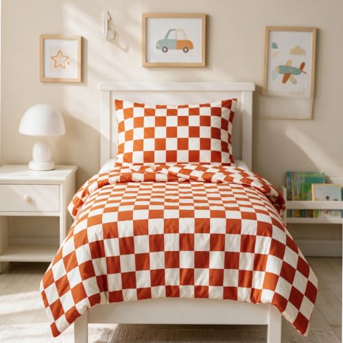 Image of CLOTHKNOW 4Pieces Orange Beige Plaid Toddler Bedding Sets for Boys Girls | Kids Comforter Set, Soft, All Season, Lightweight