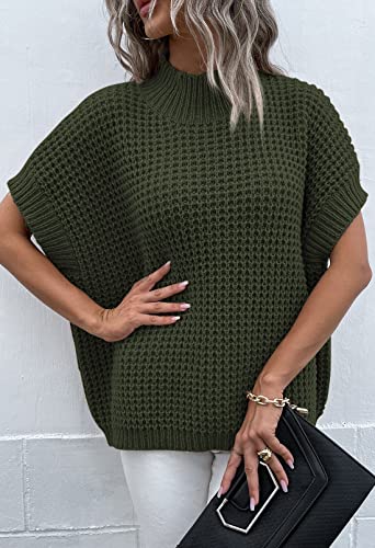 Image of Viottiset Womens Oversized Short Batwing Sleeve Mock Neck Sweater Vest Fall Sleeveless Pullover Knit Sweaters