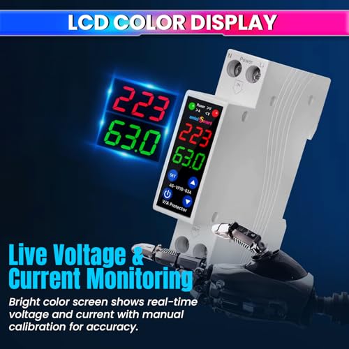 Image of amiciSmart 63A Adjustable Digital Voltage Protector with Dual Display | 18mm Ultra-Compact Over /Under Voltage & Over Current Protection | Auto Recovery | Single Phase | 230VAC (13.8kW)