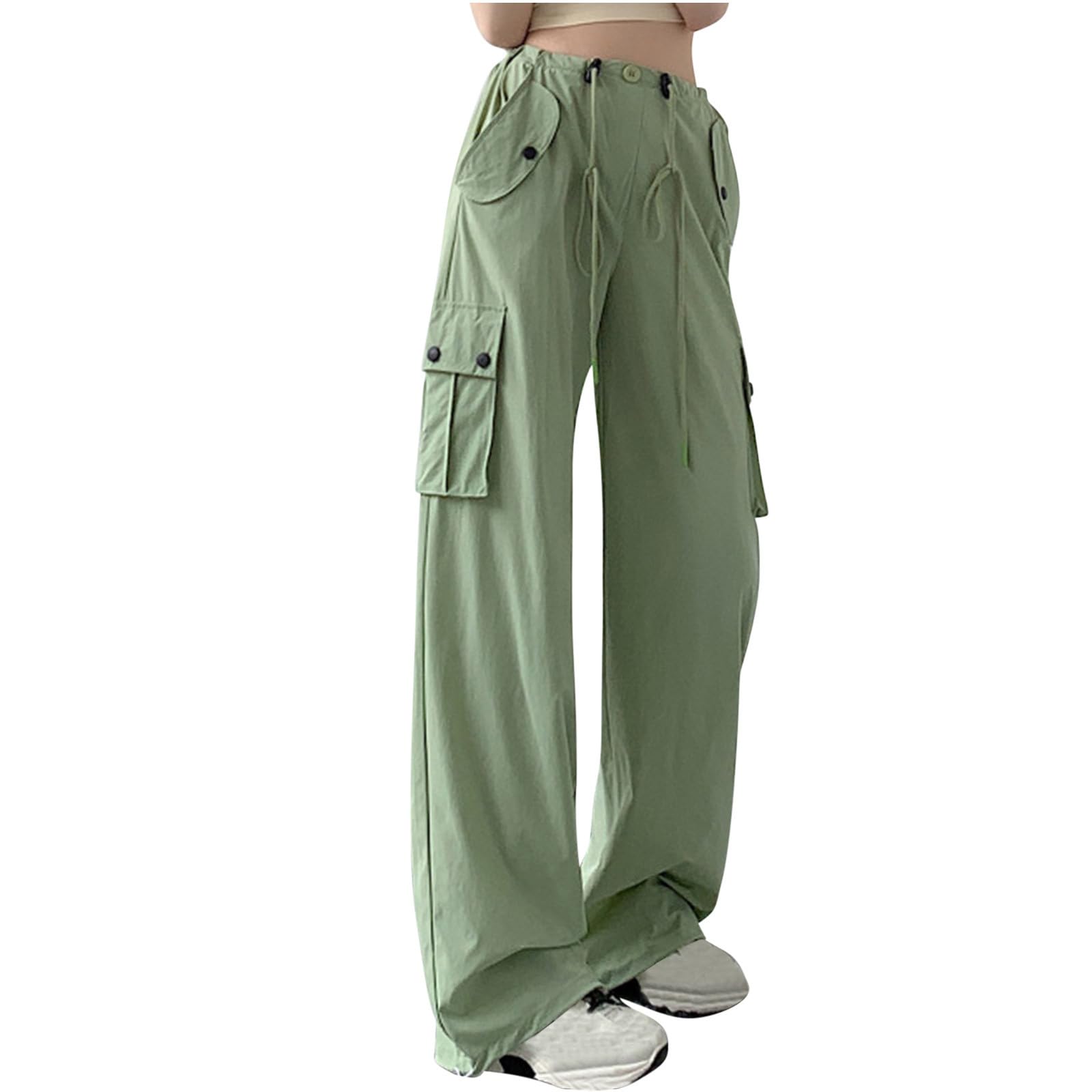 XUNRYAN Cargo Pants Girl Juniors Pants Lightweight Quick Dry Low Waist Baggy Parachute Pants Wide Leg Joggers Preppy Clothes Green