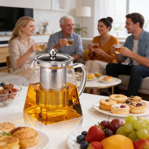YUEMING Teekanne mit Siebeinsatz 750ML, Teekanne Glas Eckig, Borosilikatglas Teeservice Glasteekanne mit Edelstahl Siebeinsatz, Tee-Ei für lose Blätter