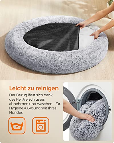 Feandrea Hundebett flauschig, Katzenbett, Donut Kissen, waschbar, Polsterung in der Mitte herausnehmbar, Langer Plüsch, 120 cm Durchmesser, Ombré-Grau PGW043G01