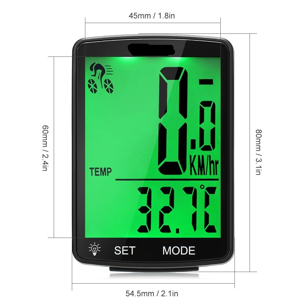 Contachilometri Bici Tachimetro for Bici Wireless Contachilometri Ciclo Impermeabile Cronometro a Temperatura misurabile Ciclocomputer(Black Green Backligh)