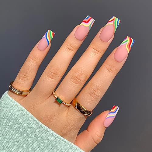 Vaveah 24 Pcs Pride Press on Nails Medium, Matte Cute Fake Nails with Glue, False Nails Glue on Nails for Women (Pink Colorful Rainbow)
