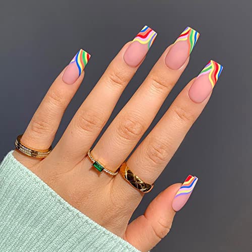 Vaveah 24 Pcs Pride Press on Nails Medium, Matte Cute Fake Nails with Glue, False Nails Glue on Nails for Women (Pink Colorful Rainbow)