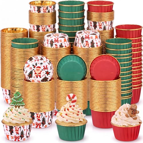 Geiserailie 100 Pcs Christmas Cupcake Liners Cupcake Foil Wrappers Xmas | Classical Christmas Design, Baking Cups for Baby Shower Wedding Birthday, Grease-resistant Disposable, 3 Xmas Style Wrappers