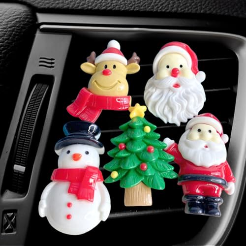 ZOSTLAND Christmas Tree Car Decorative Clips, Cute Reindeer & Lovely Snowman Auto Air Fresheners, Santa Claus Car Decor Gift (5Pcs Christmas)