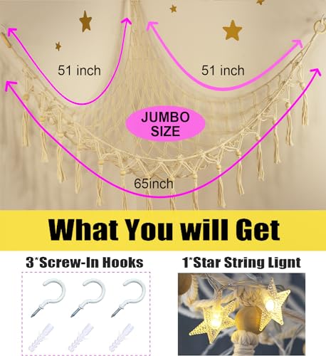 Image of Stuffed Animal Toy Storage Hammock with LED Light-Macrame Jumbo Doll Room Corner Organizer Mesh Decoration-Hanging Storage Nets Kids Bedroom, (X-Large Size) (Pack of 2)