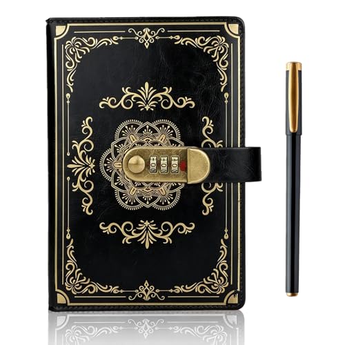 Image of SIMDAO Vintage Leather Journal Notebook with Lock, A5 Lined Pages Locked Journal with Pen, Secret Notebook with Combination Passwords, Notebook Gift for Men and Women,100Sheets/200Pages (Black)