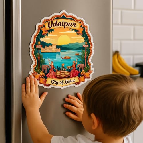 Image of Naxon Udaipur City of Lakes Fridge Magnet | Beautiful Rajasthan Travel Souvenir | Lake Pichola City Palace Jag Mandir Magnet | Home Kitchen Office Decor | 3x3 Inch Wooden Multicolor Gift | Pack of 1