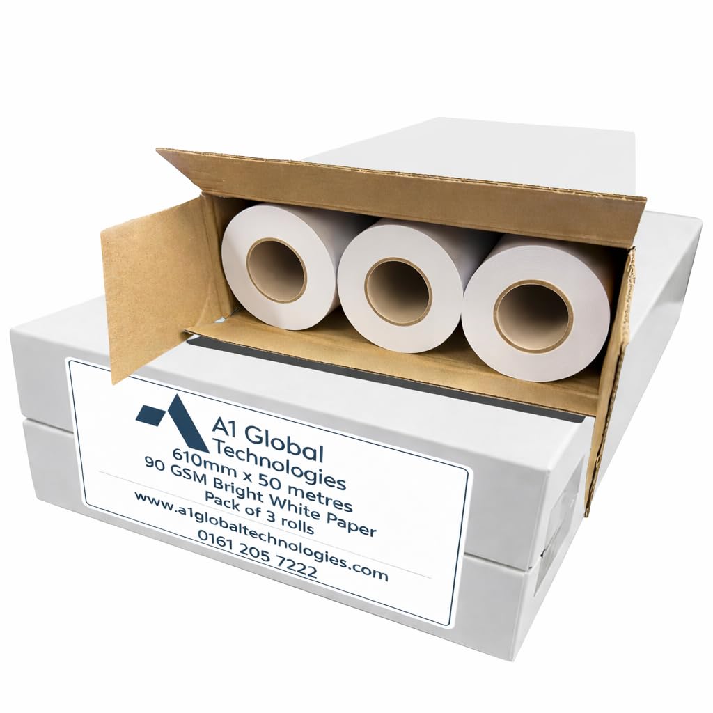 3 Rolls of Bright White Plotter Paper Rolls- 610 mm x 50 m, 90 gram. A1 Drawing roll. A1 Paper. Large and Wide Format Paper. 90GSM 61 cm x 50 metres. Manchester Based. 30 Years Plotter Paper Trading