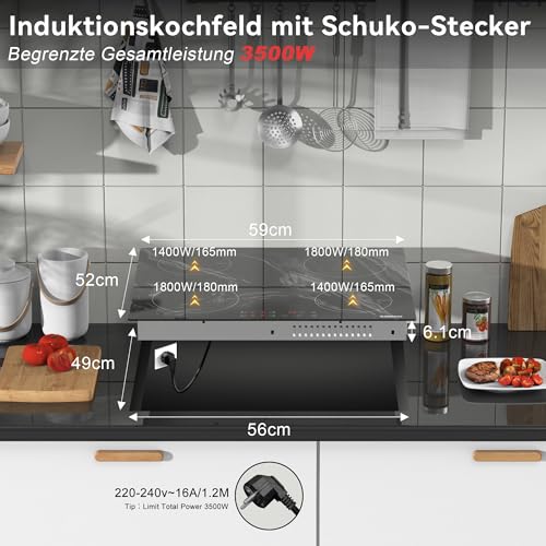 Karinear Autarkes Induktionskochfeld mit Stecker, 4 Platten, Induktionskochfeld 60 cm Einbau mit...