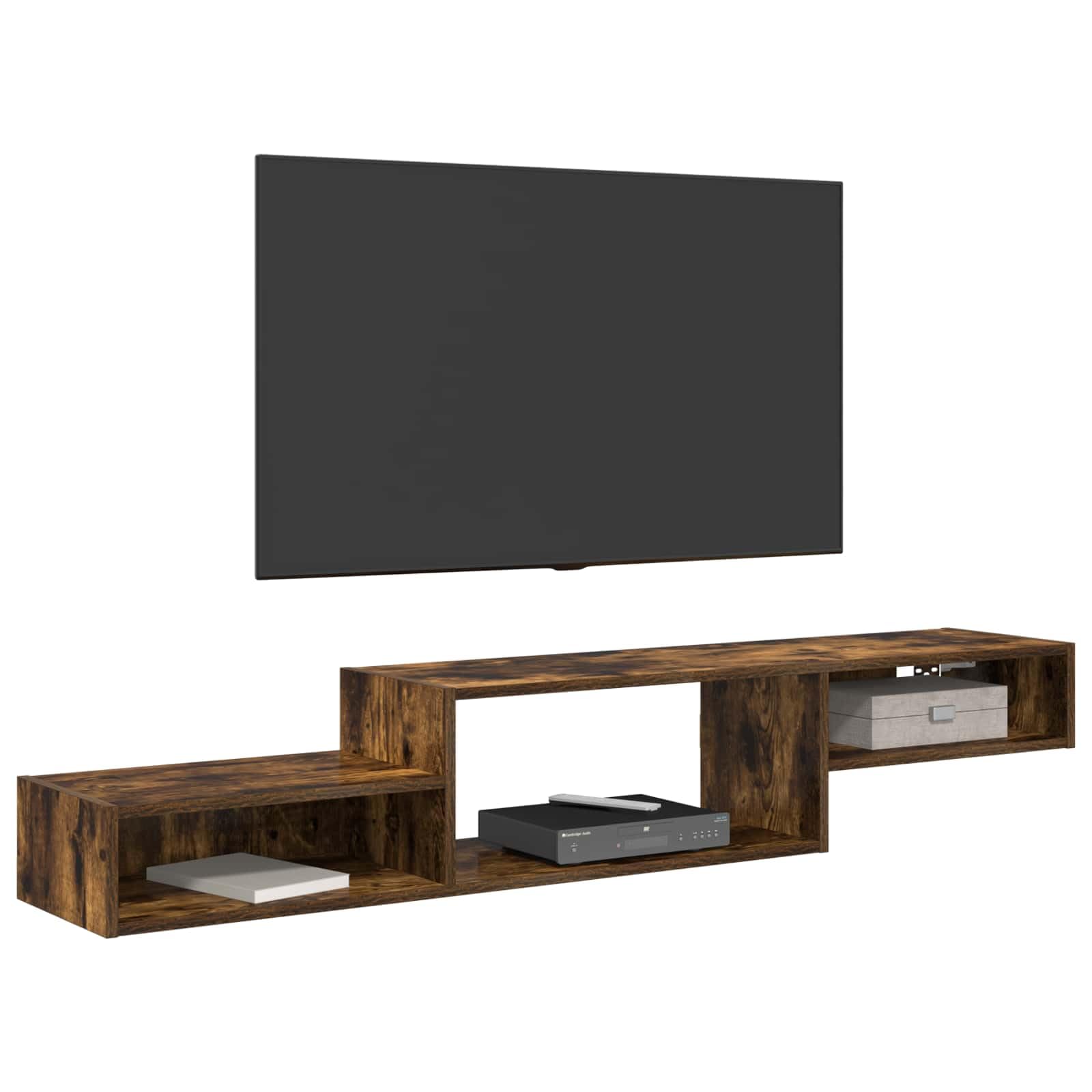 Mueble de TV de madera montado en la pared en estanque ahumado, soporte de pared con mucho espacio de almacenamiento para salón, dormitorio, cocina, baño, pasillo, diseño moderno, 150 x 28 x