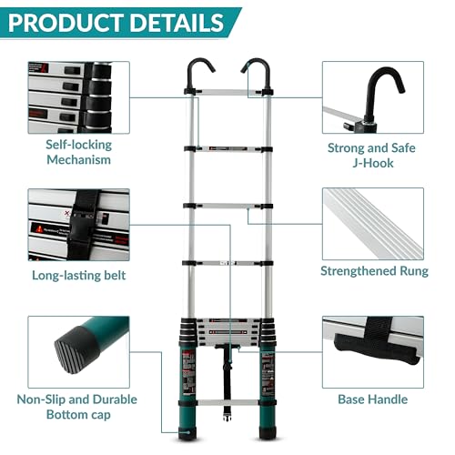 Image of Plantex 2.9m (9.5 ft.) Aluminium Telescopic Ladder /10-Steps Portable Ladder with Removable Hooks /Foldable Multipurpose Collapsible Ladder for Home & Outdoor Use /2 Years of Warranty By Plantex-(Green)