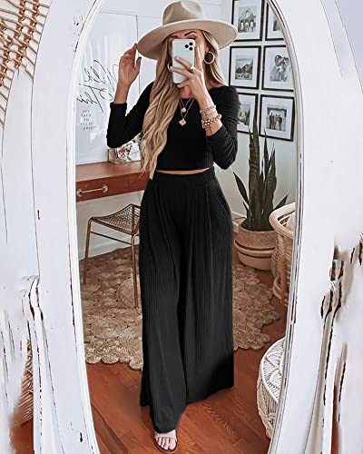 Image of BTFBM Women's Two Piece Lounge Set Long Sleeve Bodycon Ribbed Knit Crop Top Loose Wide Leg Pant Casual Outfits Sweatsuit