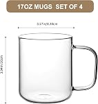 17oz/500ml Glass Coffee Mugs Set of 4, Clear Large Wide Mouth Drinking Glasses with Big Handle for Hot/Iced Beverage, Latte, Cappuccino, Juice, Tea, Milk, Dishwasher Safe