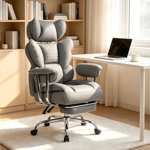 Image of Big and Tall Office Chair 350 LBS, Scratch-Resistant PU Leather Executive Office Desk Chair with Footrest, Ergonomic Reclining Computer Chair with Pocket Spring Support for Home Office, Grey