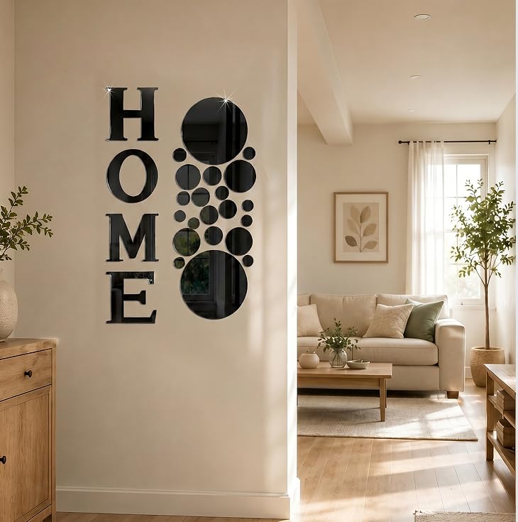 30PCS Acrylic 3D Mirror Wall Stickers Home Letters Multi-Size Round Self-Adhesive Decals Silver Removable Mirrors Sticker for Living Room Bedroom Hallway TV Background (1, Black, One Size, Round)