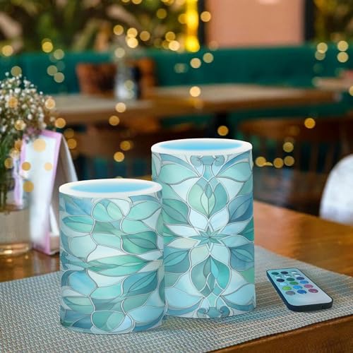 Image of Lights Flameless Candles Turquoise Flower Pattern Pillar Candles Set of 2 Battery Operated Remote Control Warm Lights Home Decor
