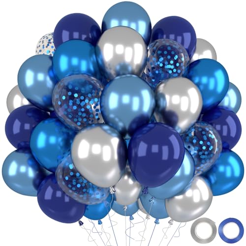 Globos Azul Plata, 52 Piezas Globos de Cumpleaños Azules Plateado de Helio, Globo Azul Metálico y Globo Confeti Azules para Cumpleaños Chico Boda Baby Shower Bautismo Fiesta Decoracion, 12 Pulgadas