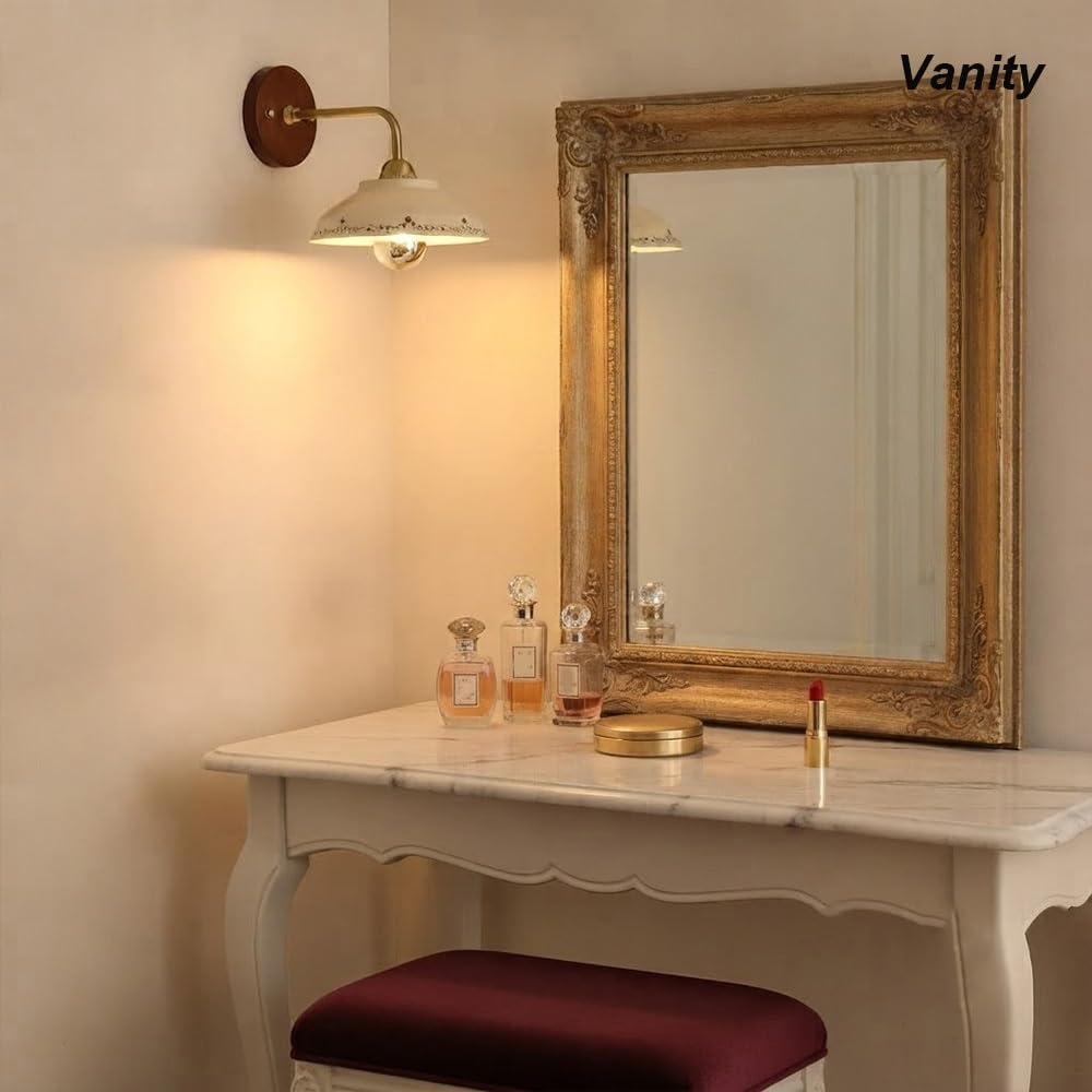 Kinkiet Ceramiczny W Kwiaty, Vintage Mleczna Lampy Ścienna Nocna | Oświetlenie Ścienne Porcelana Wiejska Kremowa Mid Century Lampy Wewnętrzna Kącik do Czytania Korytarz Wejście