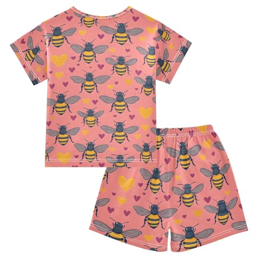 ALAZA Bee Love Heart Cartoon Pajamas Set Short Sleeve Cotton Sleepwear Summer Pjs 2 Piece 5-14Y2