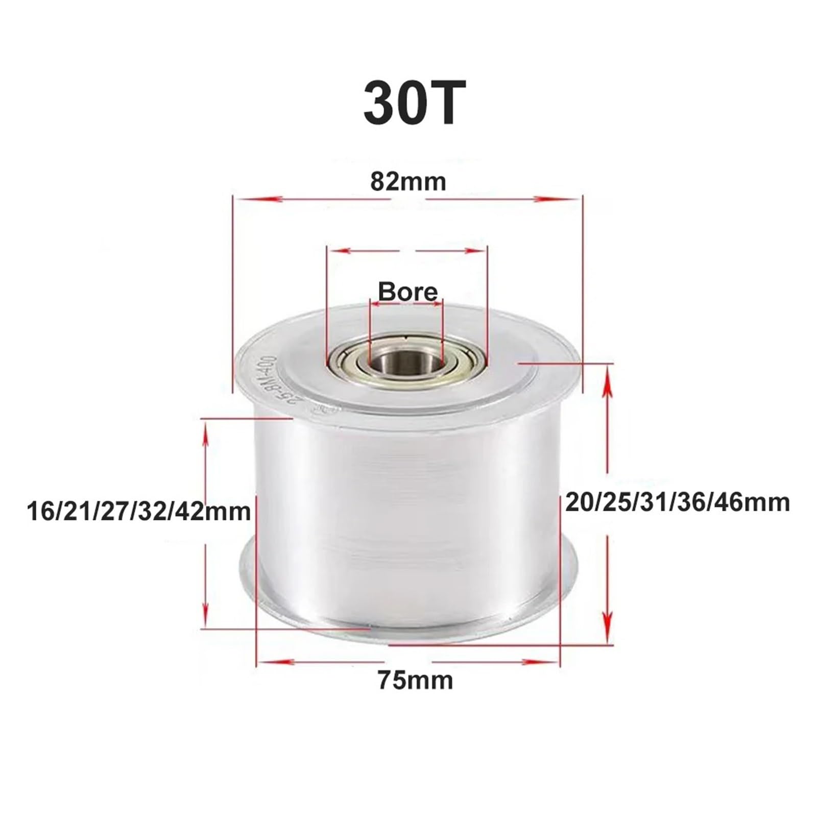 Tensor de Correa HTD 8M 22T/24T/25T/30 con Orificio de 10-25 mm. Compatible con Correas de 15/20/25/30/40 mm. (Orificio de 10 mm sin dientes/32 mm (para Correas de 30 mm)).