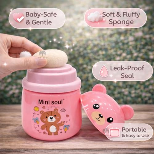 Image of Baby Powder Puff with Opaque Container Soft Feather Sponge Powder Applicator for Newborn & Infant Mess-Free, Leak-Proof, Baby-Safe Design Pink