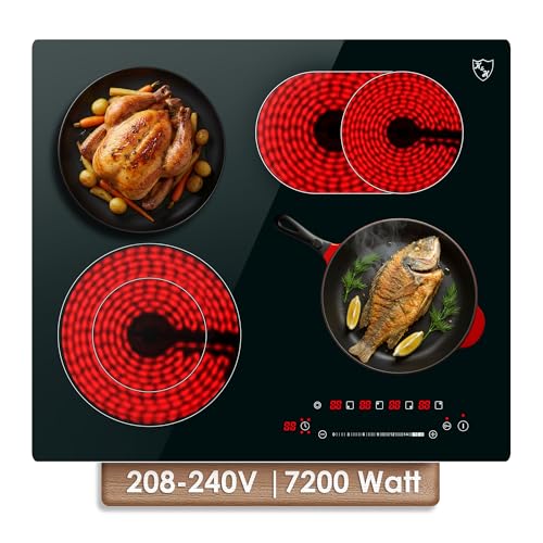 K&H 4 Burner Electric Cooktop - 24 Inch Built-In Radiant Ceramic Stove Top - 17 Power Levels & Touch Control, Compatible with All Cookware, 240V, 7200W High-Power Built-in Electric Stove, CE24-7206SL