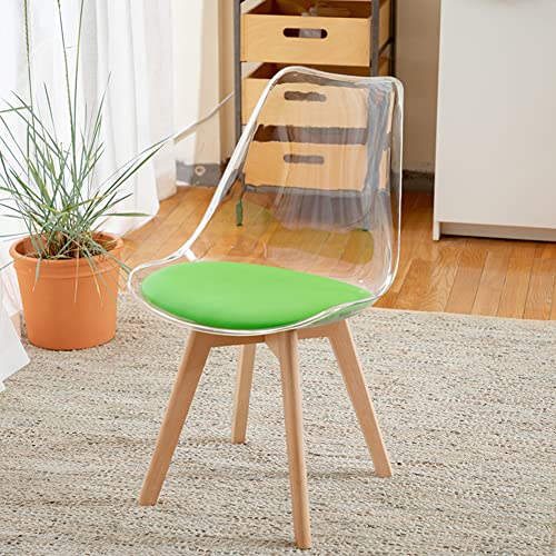  RR-YRA Sedia Trasparente con Gambe in Legno Massello, Sedia da Pranzo Trasparente Senza Braccioli E Schienale, Comodo Cuscino in PU E Design Antiscivolo,Verde