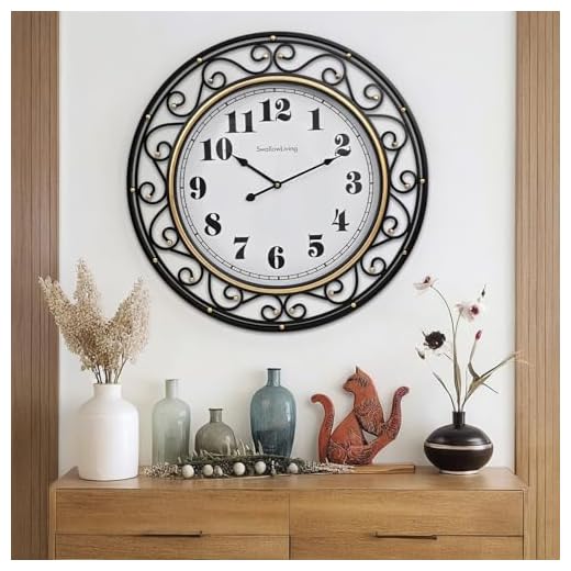 24 Inch Vintage Iron Metal Frame Wall Clock Silent, Battery Operated, Elegant Retro Decor for Living Room, Kitchen, Office, Dining Room, and Bedroom