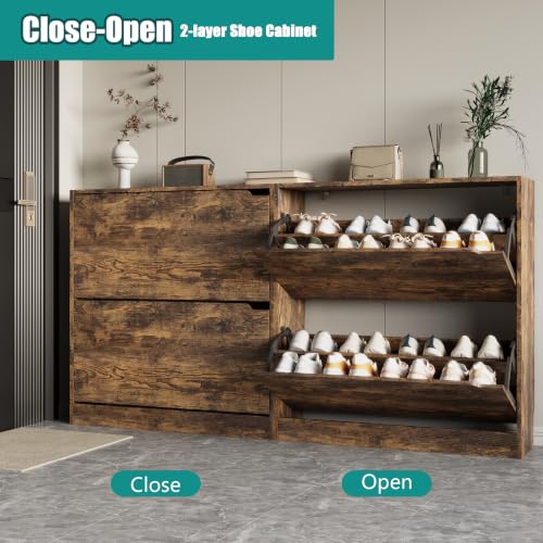 Image of Xixini Shoe Storage Cabinet for Entryway with 2 Flip Drawers, Sturdy Wood Hidden Shoe Storage, Freestanding Narrow Slim Shoe Organizer for Front Door Entrance, Living Room, Hallway, Bedroom, Brown