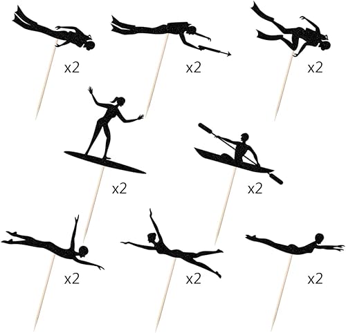 Miniatura 4 de Bejotaa Paquete de 16 adornos para cupcakes de verano en la playa, Hawaii, silueta de buzo, decoración para tartas, baby shower, Hawaii, piscina,