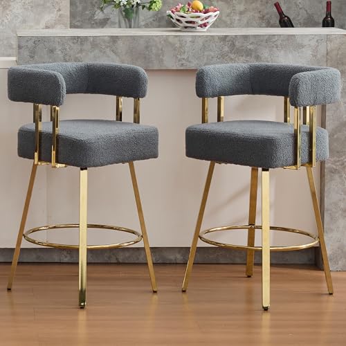 Image of YITAI 27 inch H Counter Height Bar Chairs Set of 2, Modern Barrel Counter Bar Stools with Backrest and Arms, Gold Metal Legs, Teddy Velvet Upholstered Accent Barstools for Kitchen Island, Gray