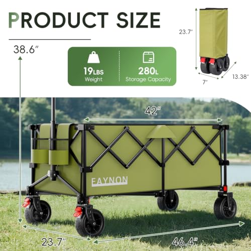 Image of 46 inch L Collapsible Foldable Extended Wagon, 500LB Weight Capacity with 280L Heavy Duty Folding Cart,Utility Wagon with All-Terrain Beach Wheel & Drink Holders,Green