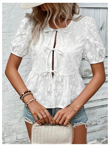 SweatyRocks Women's Tie Front Blouses Ruffle Crewneck Short Puff Sleeve Shirts Tops3