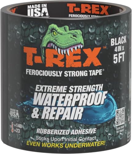 Image of T-Rex Heavy Duty Waterproof and Repair Tape for Wet or Rough /Dirty Surfaces Including Underwater, Leaks and More, 4 inch x 5', Black, 1-Roll (285987) (Pack of 6)