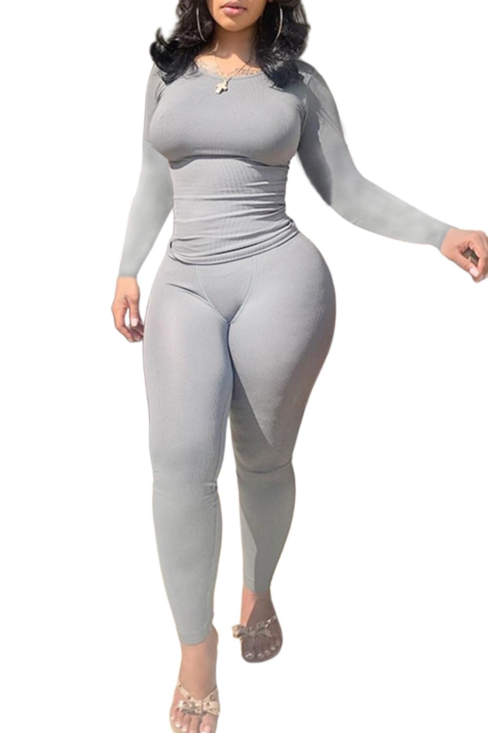 Casual Workout 2 Piece bodycon casual outfit Women Ribbed Set Long Sleeve Elastic Leggings LoungeWear activewear