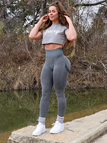 Oqq Women's 2 Piece Butt Lifting Yoga Legging Workout High Waist Tummy Control Ruched Booty Pant, Black Grey, Large #TOP4