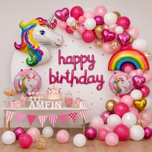 Image of AMFIN (Pack of 94) Unicorn Theme Birthday Decoration Kit Metallic Finish Women Girls Item Pink Multi Head Rainbow