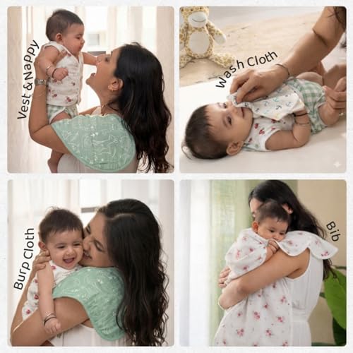 Image of haus & kinder Newborn Baby Shower Gift Set (Pack of 10) | 100% Cotton New Born Baby Essentials Kit with Swaddle, Muslin Blanket, Carrier Nest | Scarlet Edition