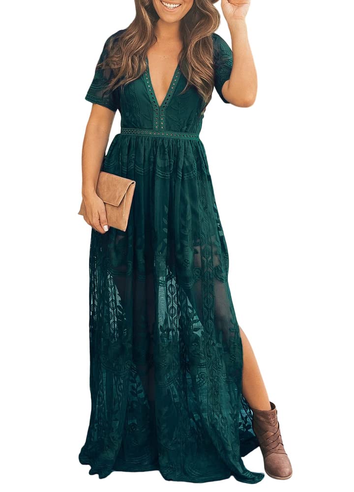 Eleter Women's Deep V-Neck Lace Romper Short Sleeve Long Dress